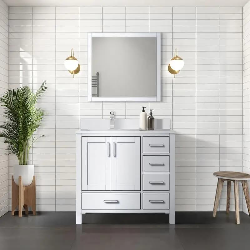 Vanity da bagno bianco 36" L x 22" D con piano in marmo coltivato offset sinistro e specchio da 34" - Mobili da bagno eleganti e funzionali