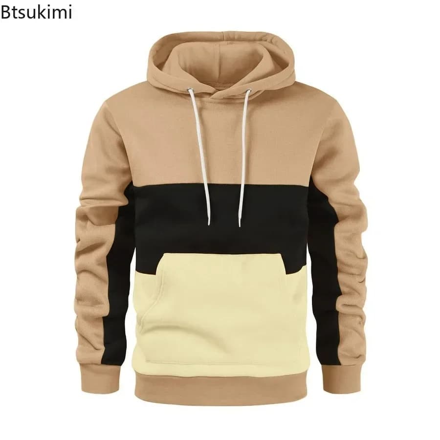New 2026 Men's Casual Patchwork Hooded Sweatshirts Loose Fleece Keep Warm Streetwears Hoodies Autumn Winter Sports Men's Outwear