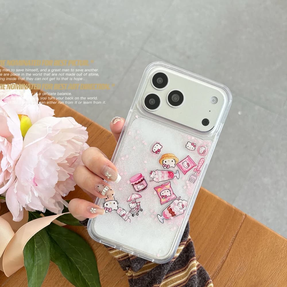 Custodia per telefono trasparente rigida con glitter liquido e sabbia mobile, design simpatico cartone animato Sanrio Hello Kitty, per iPhone 17 16 15 14 13 Pro Max