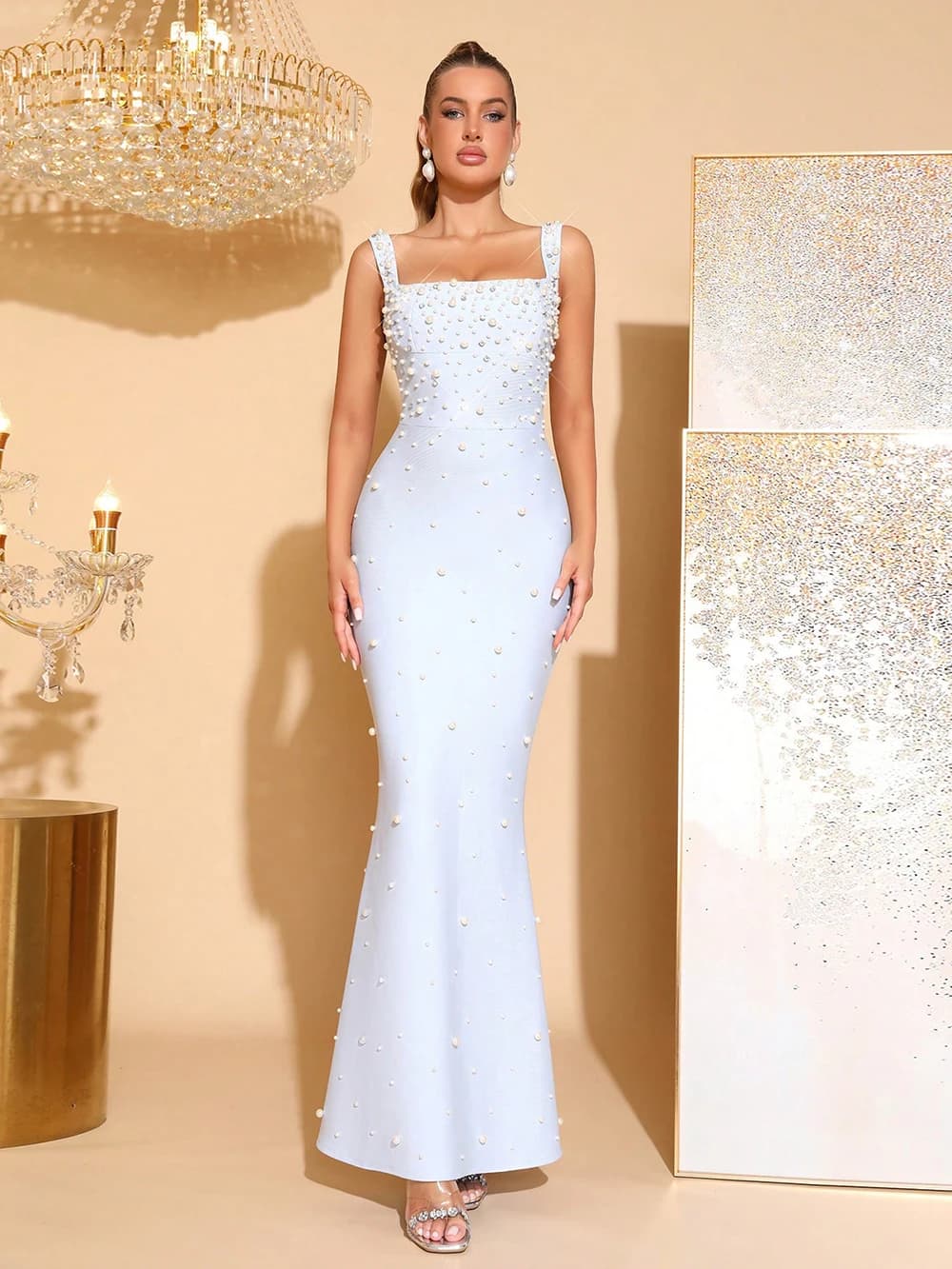 Modphy Abito lungo aderente sexy ed elegante con cinturino per spaghetti Abito lungo con fasciatura impreziosita con perline di perle Abiti da cocktail da sera