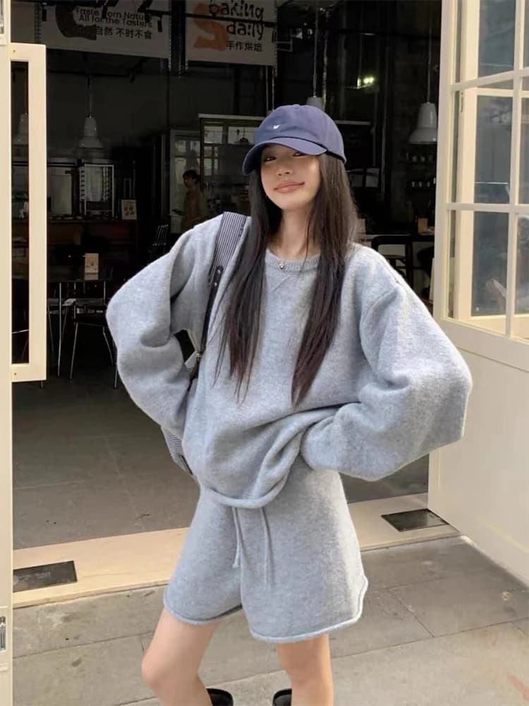 Korean Lazy Style Women's Set Autumn/Winter New Sheep Wool Loose O- Neck Long Sleeve Sweater High Waist Knit Shorts 2-piece Suit