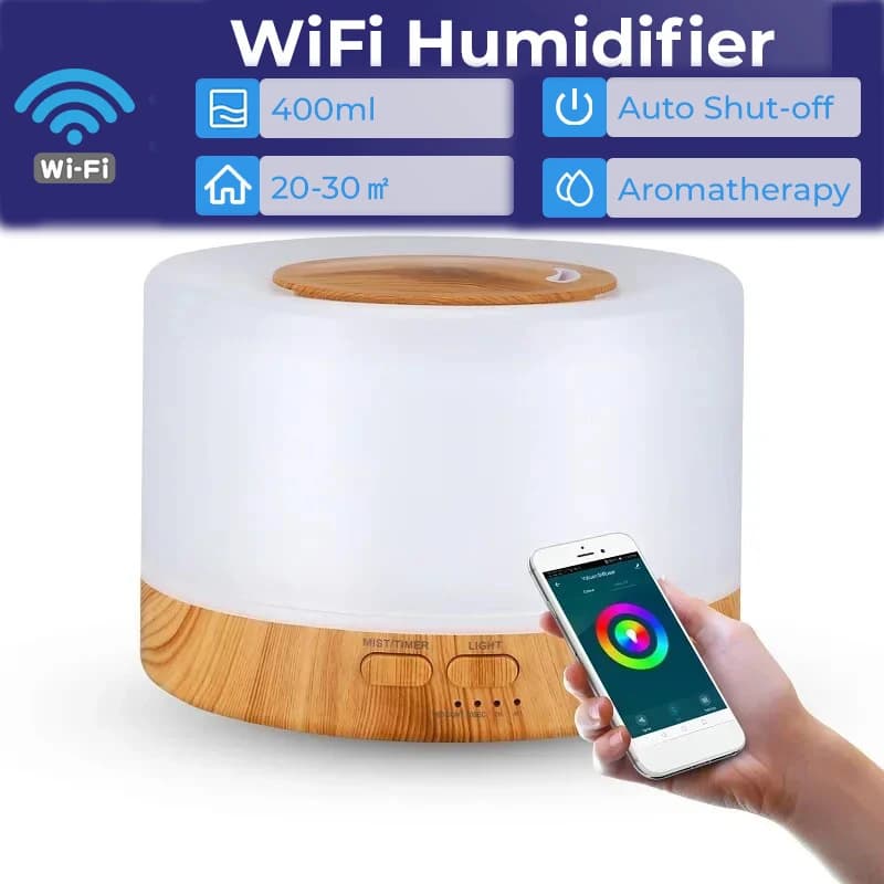 Diffusore di Oli Essenziali Smart WiFi da 500ml, Umidificatore d'Aria, Compatibile con Tuya, Alexa e Google Home, con 7 Colori LED