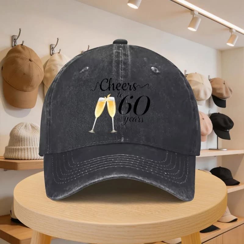 Men's 60th Anniversary Champagne Pattern Baseball Cap Adjustable Casual Hat for Spring Autumn Travel Beach Unisex