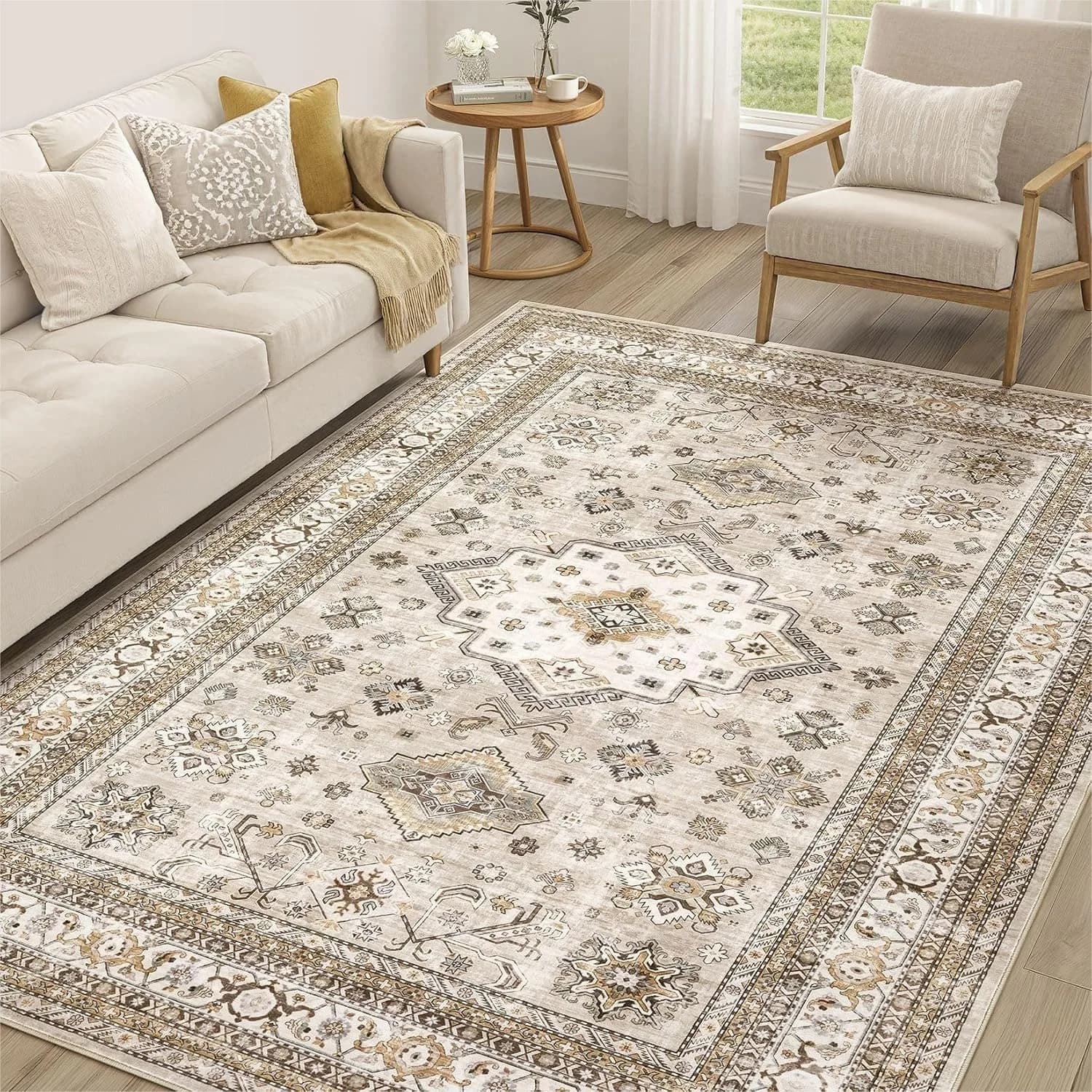 Vintage Area Rug 5x7 - Soft Washable Oriental Traditional Carpet for Living Room Bedroom Home Office - Beige