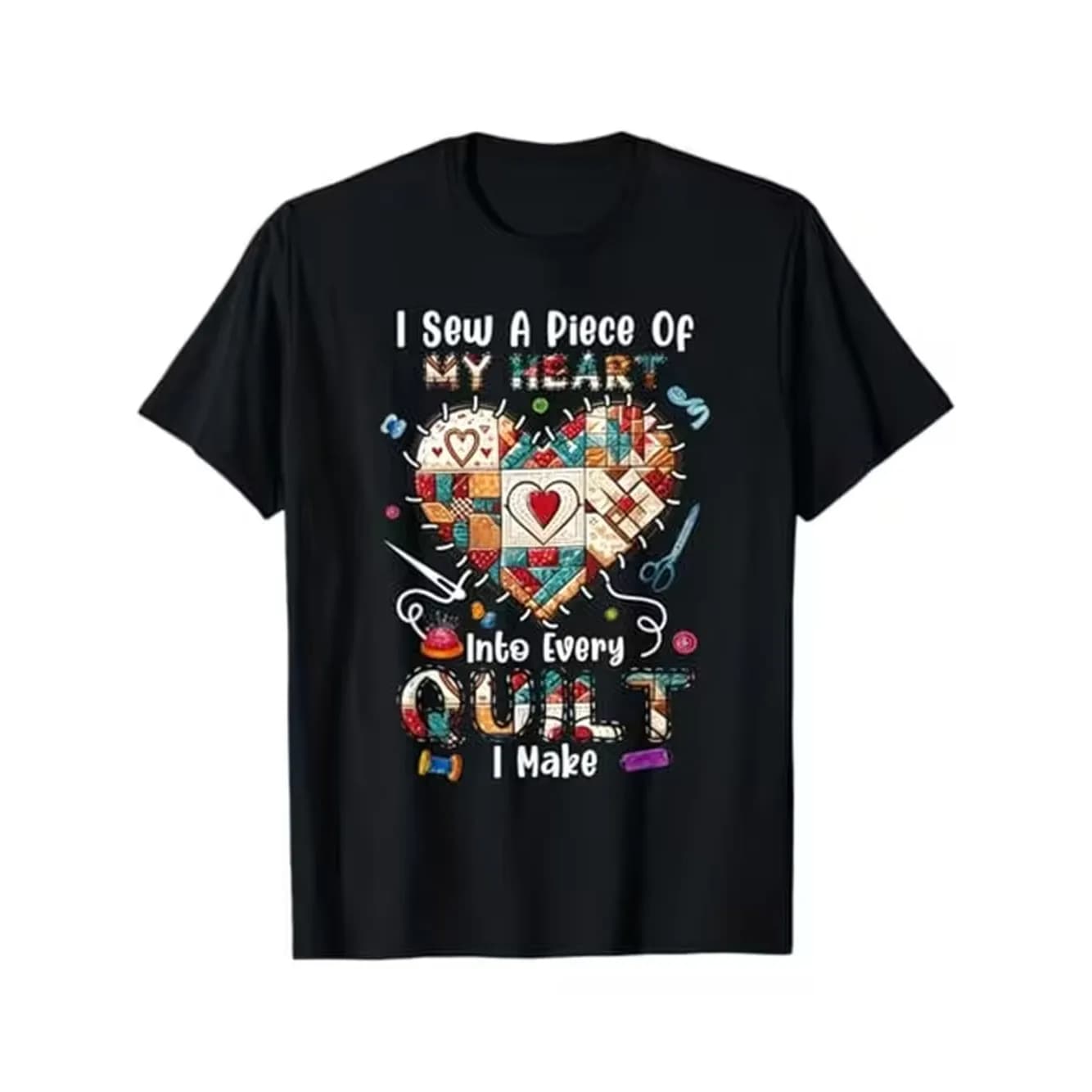 S 180G Heavyweight 100 Cotton T Shirt Quilting Themed My Heart Slogan Quilt Hearts Stars Diamonds Black With White Round Neck Tee For Quilters Sewing Enthusiasts