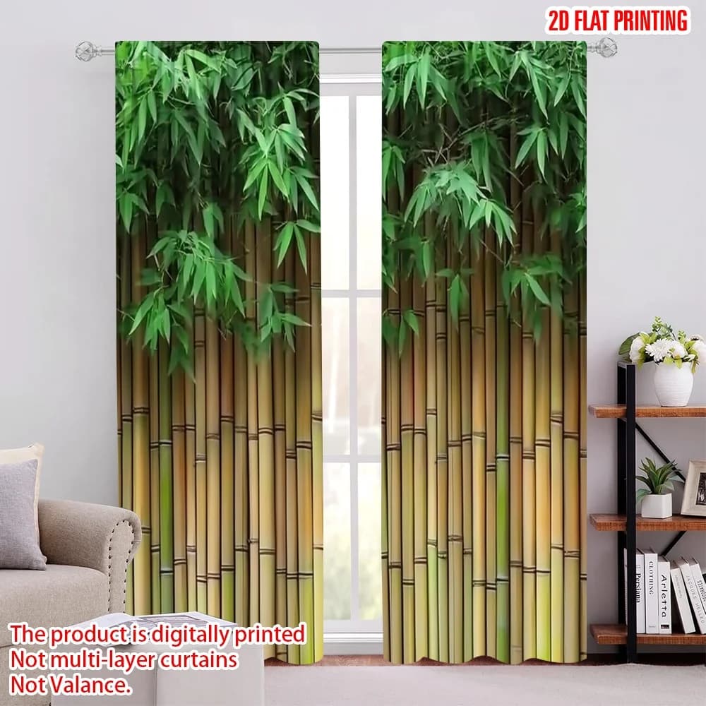 2pcs 2D flat printing Scene Curtain Bamboo Leaves And Fence (2) Digital Printed Polyester Drapes Festive Wall Decor Use for