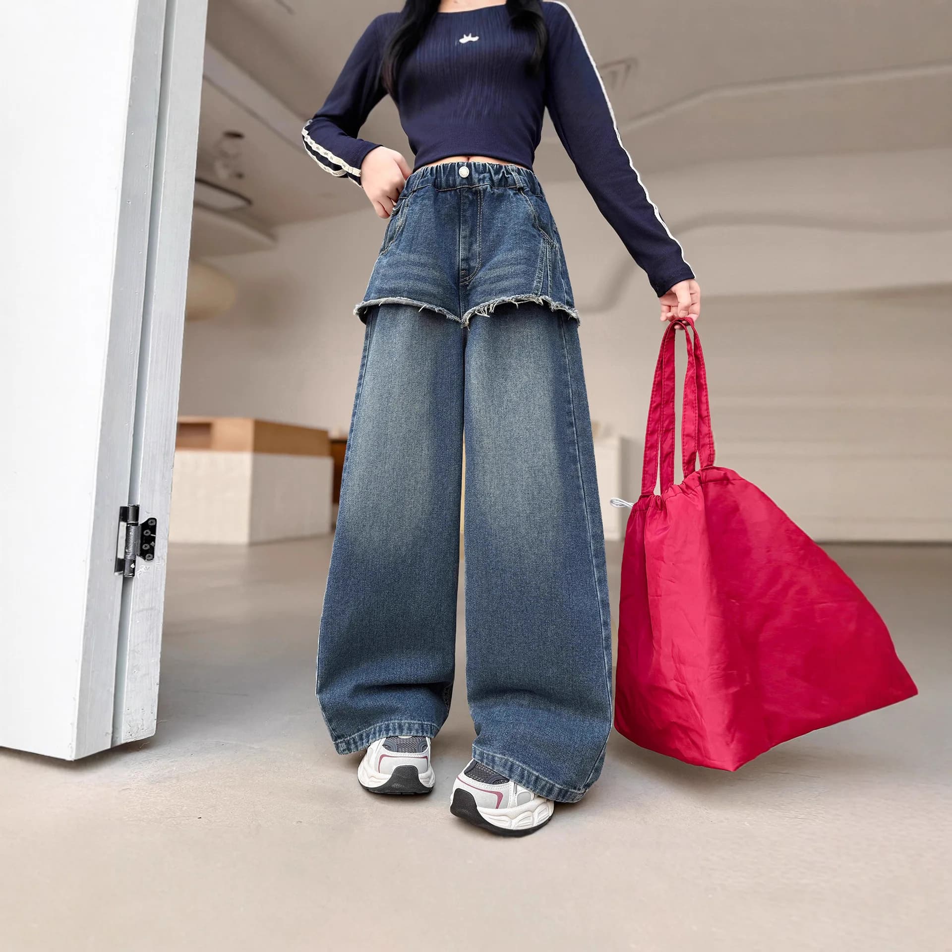 Jeans Primaverili e Autunnali per Ragazze, Nuova Edizione Coreana, Finto Due Pezzi, Pantaloni Dritti per Bambine, Gamba Larga e Comoda