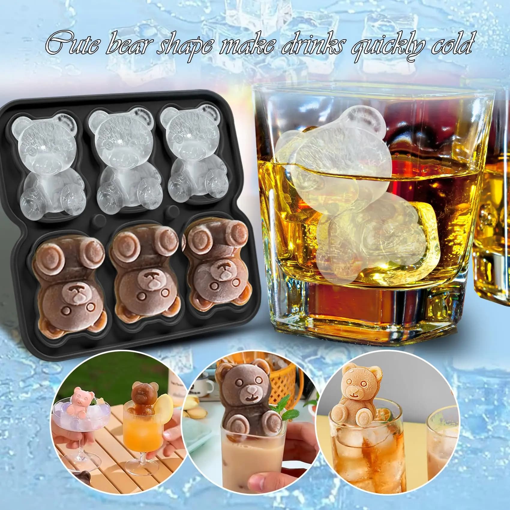 Stampo per cubetti di ghiaccio orso 2/4/6 griglie 3D in silicone riutilizzabile a prova di spruzzi senza BPA per cocktail di whisky bevande caramelle al cioccolato strumenti fai da te