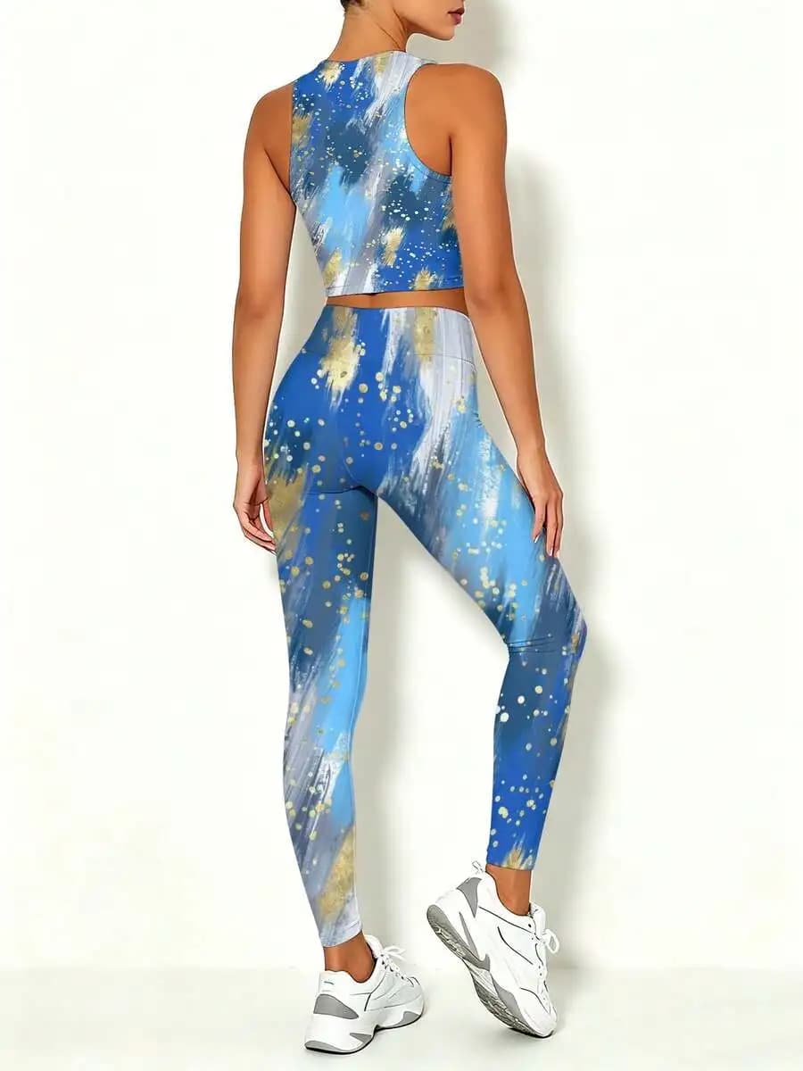 Set da yoga da donna slim fit con stampa 3D, gilet e leggings, motivo nuvole e stelle del cielo blu