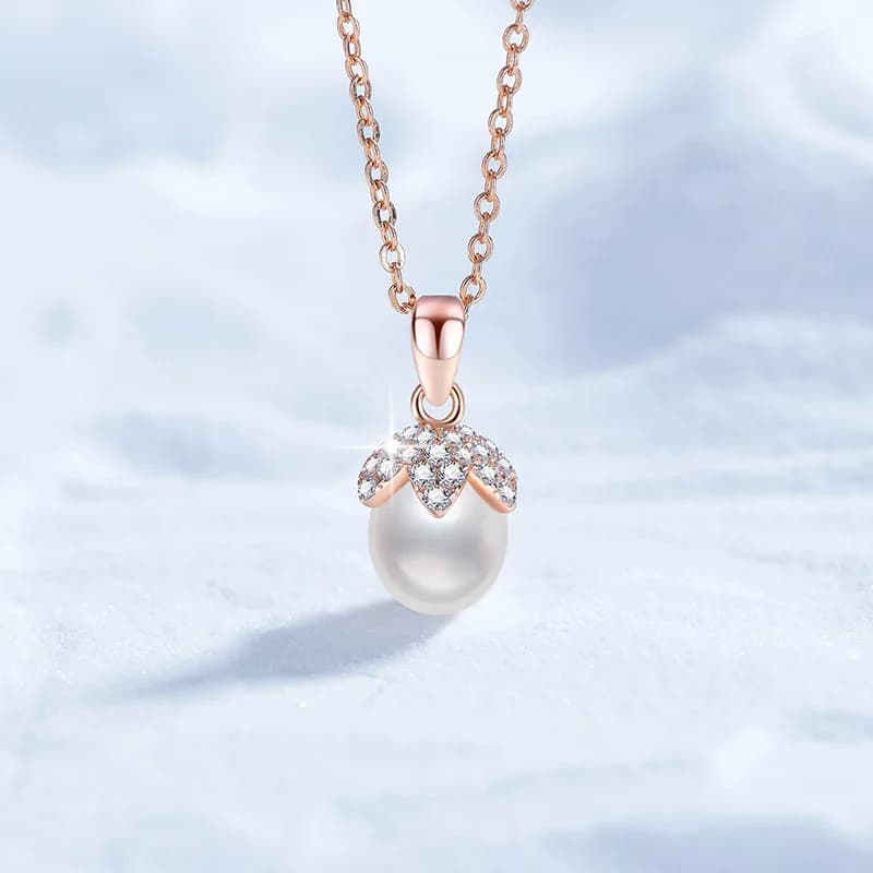 Collana in oro platino PT950 18 carati, forte pendente d'acqua dolce naturale, bocciolo di fiore, catena di lucchetto in oro champagne di lusso leggero