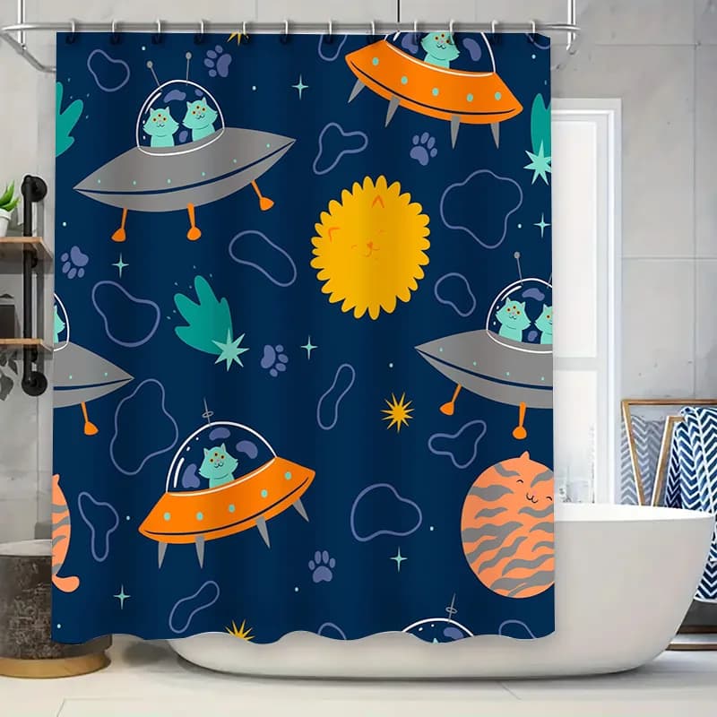 Tenda da doccia spaziale UFO Cat Design galassia blu per arredamento bagno bambini.