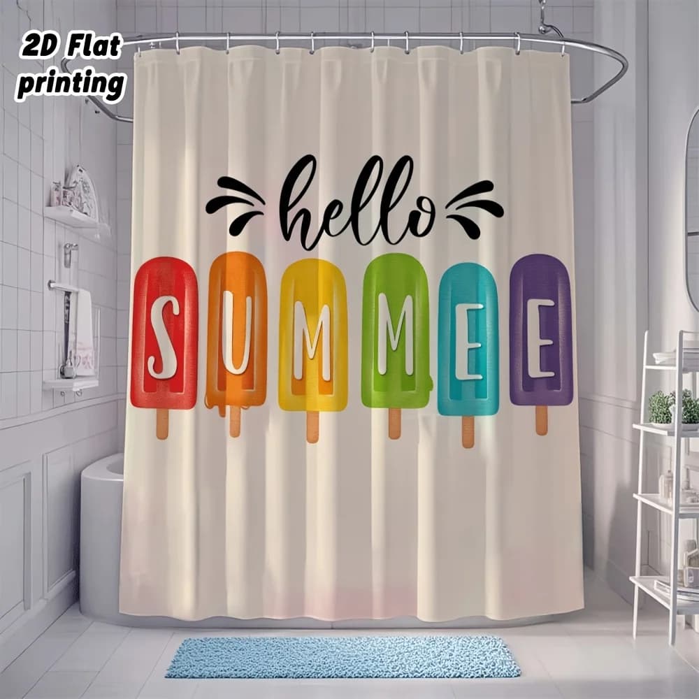 Hello Summer Shower Curtain, Colorful Popsicle Print Bath Screen, Waterproof Polyester Fabric Fun Bathroom Decor with Hooks