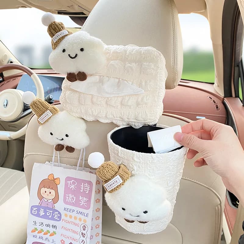 Car Tissue Box Cute Cloud Car Trash Can Paper Bag Hook Decorative Set