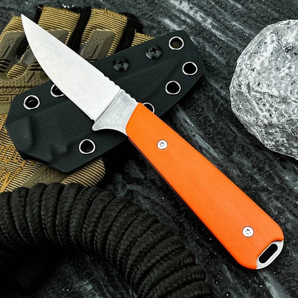 Coltello a lama fissa con fodero, coltello multiuso con manico in G10 arancione, taglierino compatto e portatile per campeggio, escursioni, pesca, barbecue, picnic, giardinaggio, raccolta agricola, viaggi su strada, uso domestico, cucina, lavorazione della frutta, attività all'aperto, uso quotidiano.