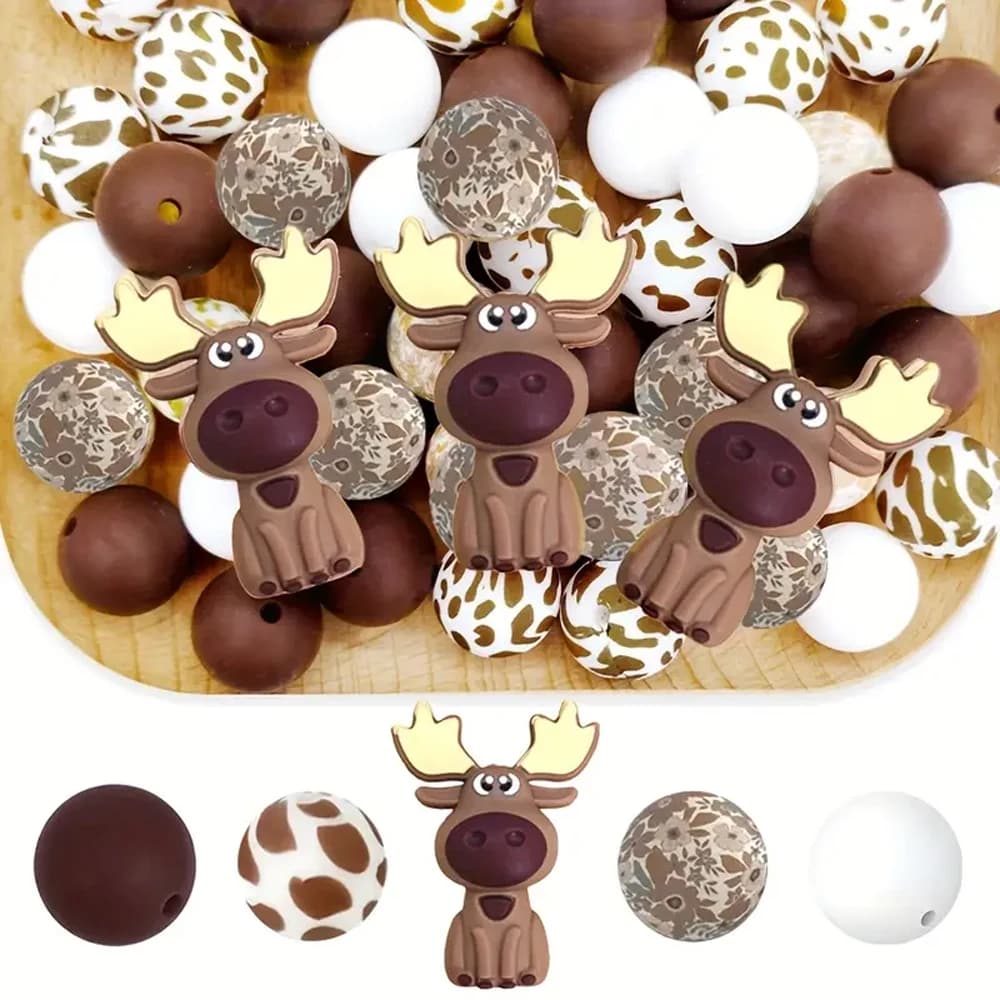 Set di perline in silicone serie Elk da 5/25 pezzi, perfetto per l'artigianato fatto a mano fai-da-te come portachiavi, collane, bracciali, ecc.