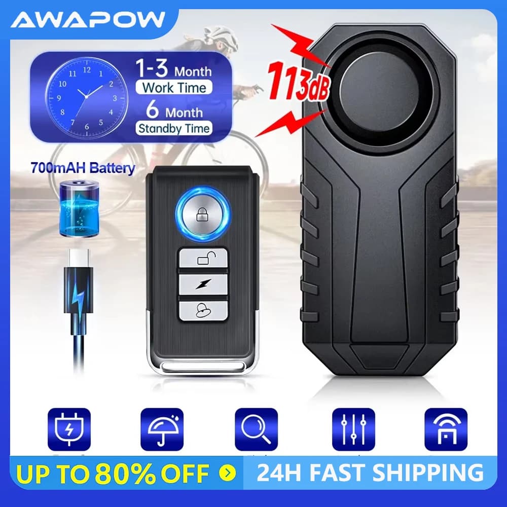 Awapow allarme bicicletta ricaricabile 113dB antifurto allarme vibrazione bici telecomando impermeabile sistema di sicurezza bici moto