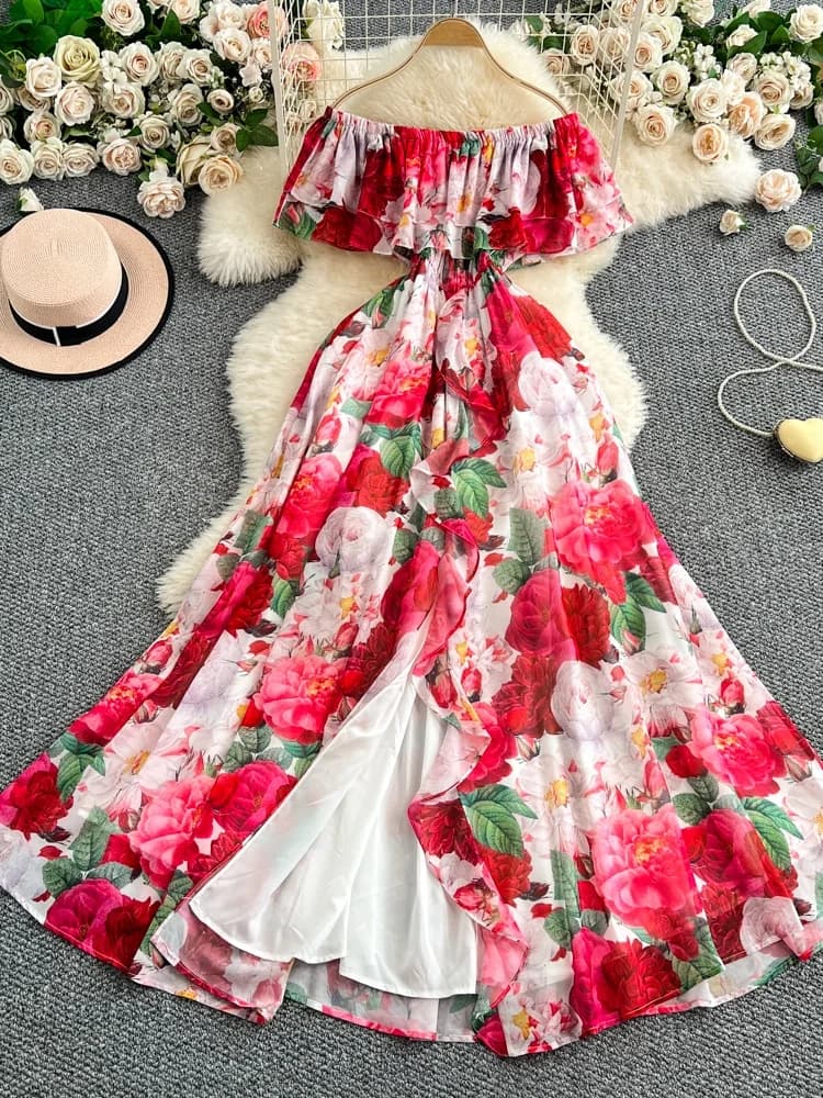 Nuovo Abito Estivo da Donna a Vita Alta con Stampa Floreale, Monospalla, Maniche a Campana, Modello Svasato, Elegante, per Vacanze e Lavoro, Effetto Snellente