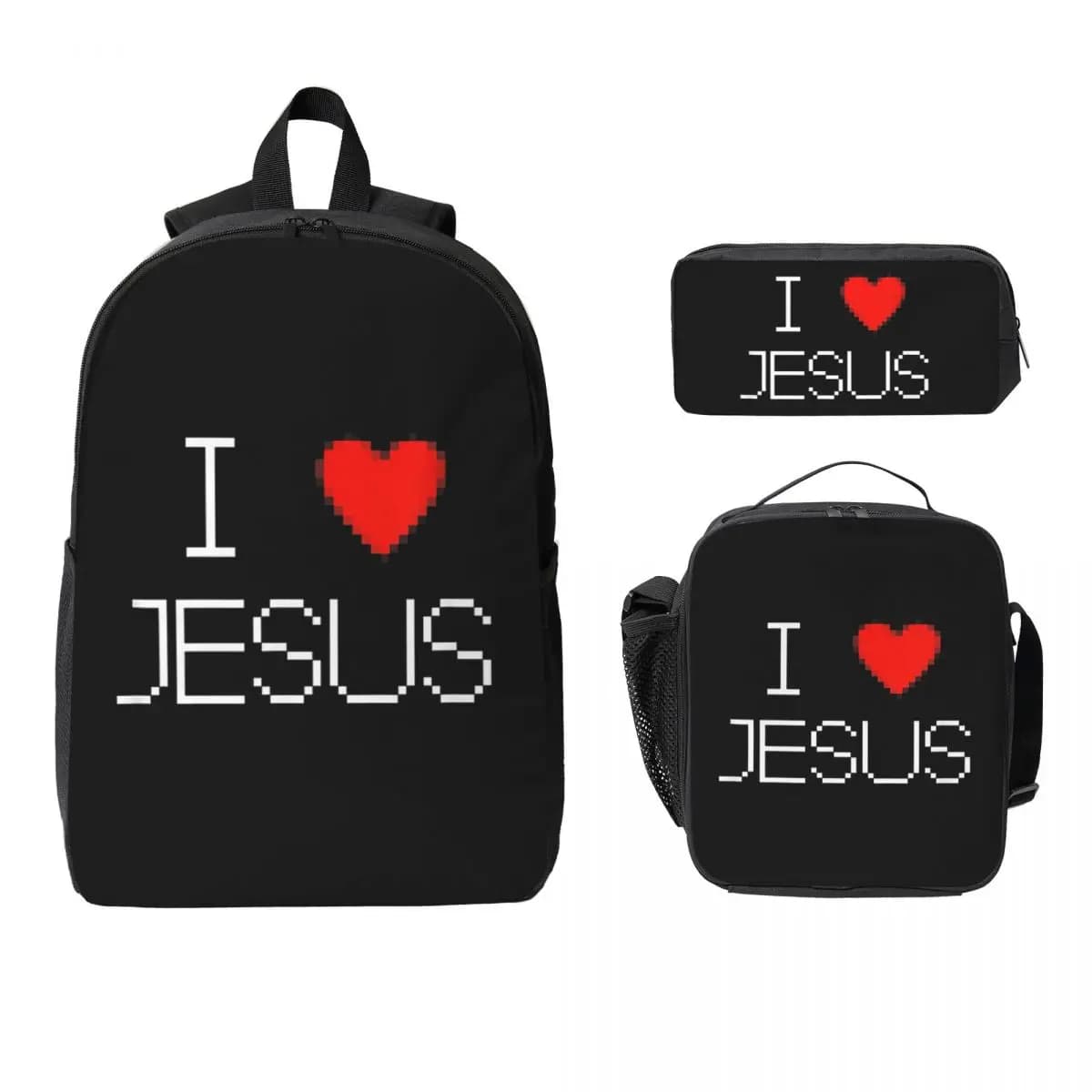 Zaino con stampa I Love Jesus God Cross, borsa per libri per studenti, borsa per la scuola, borse a tracolla per laptop, 3 pezzi, borsa termica per il pranzo, astuccio per matite