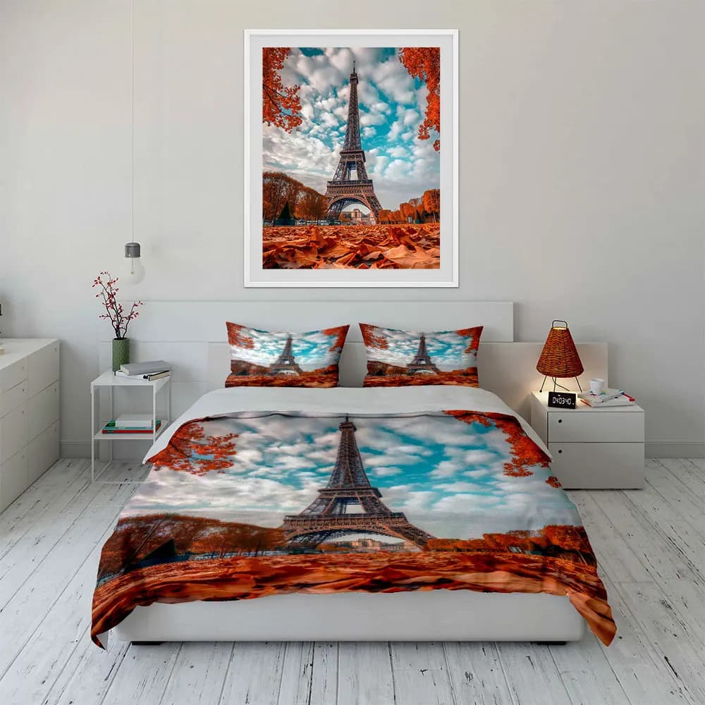 Set di biancheria da letto "Paris Tower Autumn Scene Set" con 1 copripiumino e 2 federe, singolo, matrimoniale, king, queen, regalo