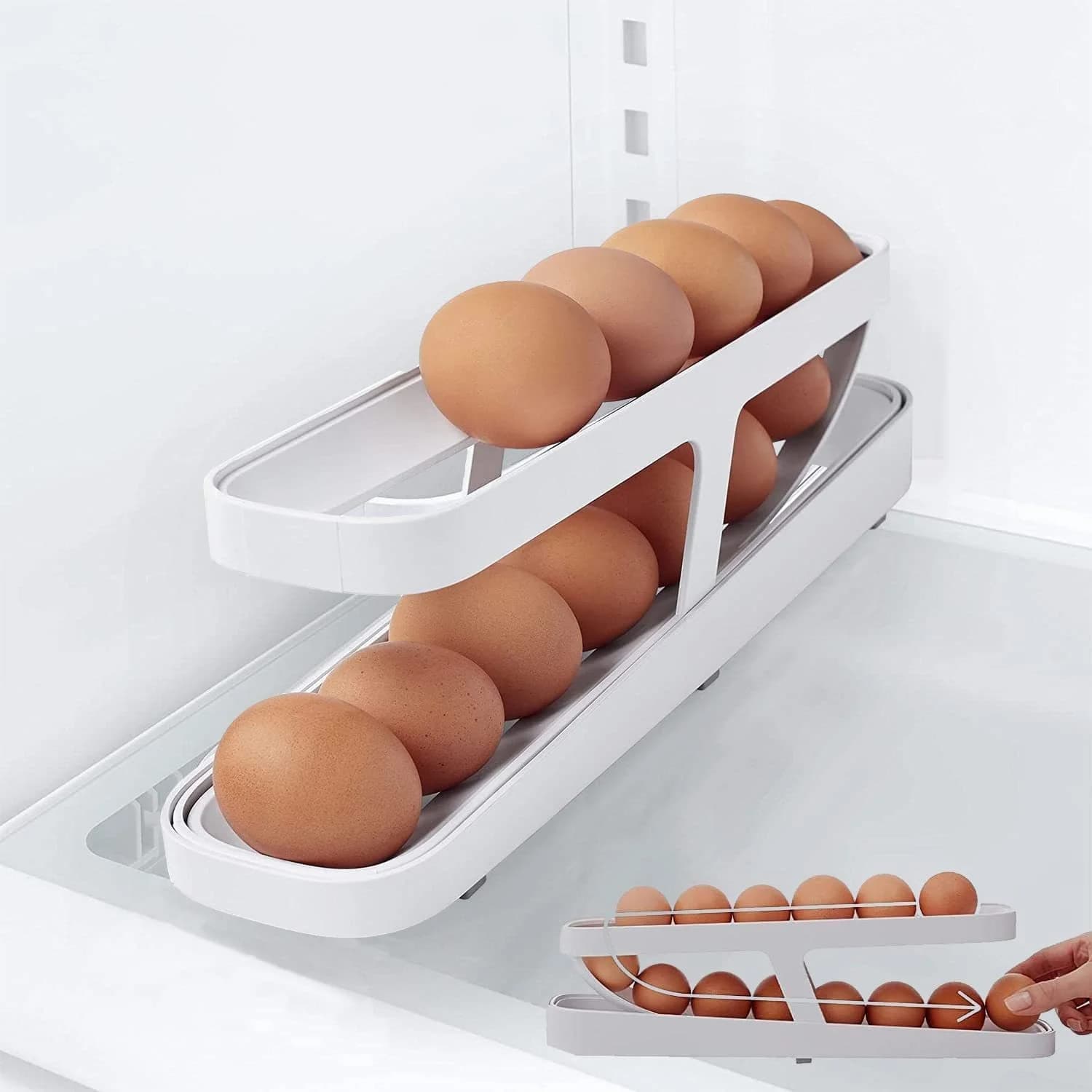 1/2/3 pezzi portauova automatico con rotolamento distributore di uova per frigorifero a doppio strato frigorifero cucina cibo salvaspazio organizzatore di stoccaggio