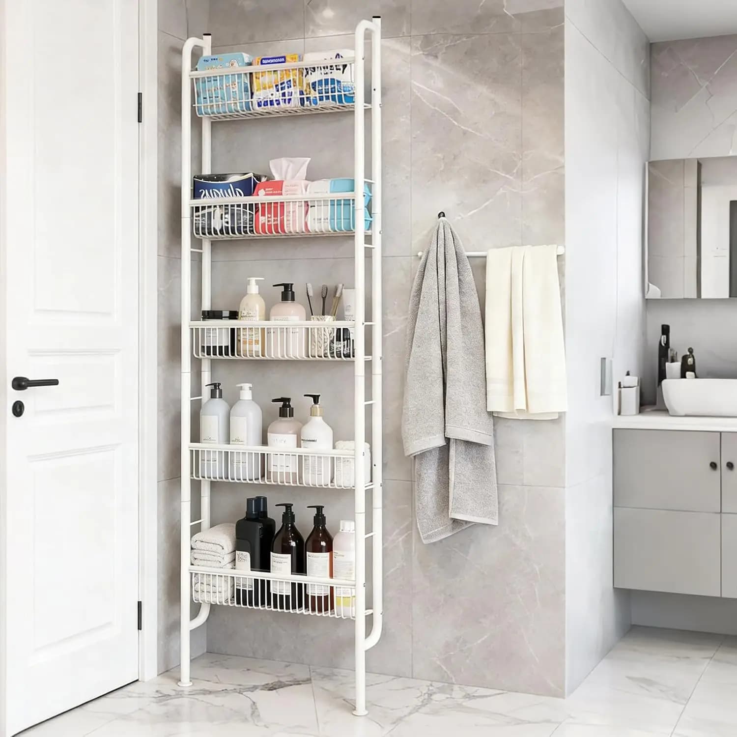 Mensola a Muro Stretta a 5 Ripiani, Organizzatore per Bagno e Cameretta, Scaffale a Parete con Finestra Trasparente per Vestiti, Giocattoli e Oggetti Vari
