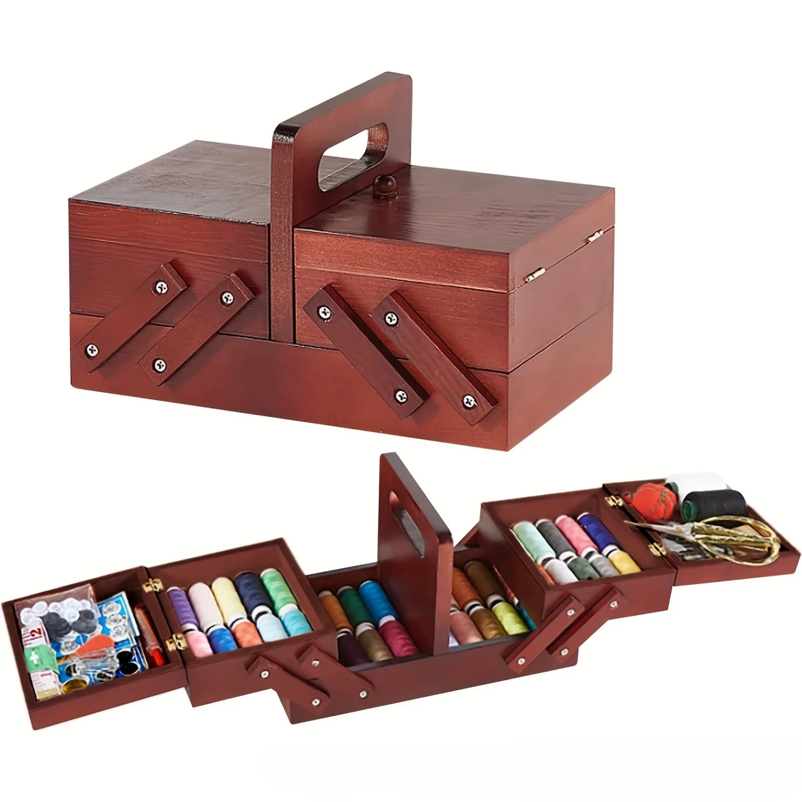 1pcs Wooden Expandable Sewing Box Sewing Kit Storage Box with Handle, Embroidery Kit Wooden Sewing Basket JJ1599