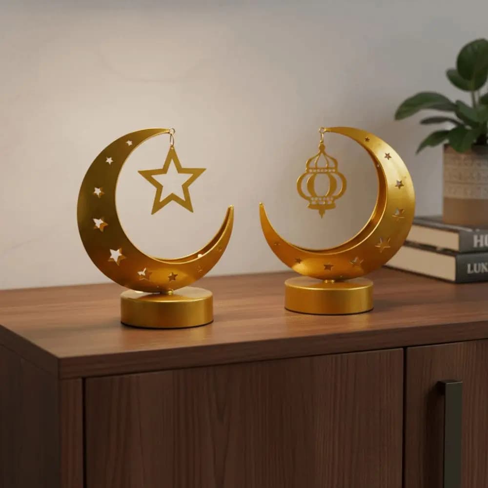 Lampada da Tavolo in Metallo a Forma di Luna Crescente e Stella, Design Dorato per Ramadan, Ornamento Eid Mubarak con Luce Soffusa