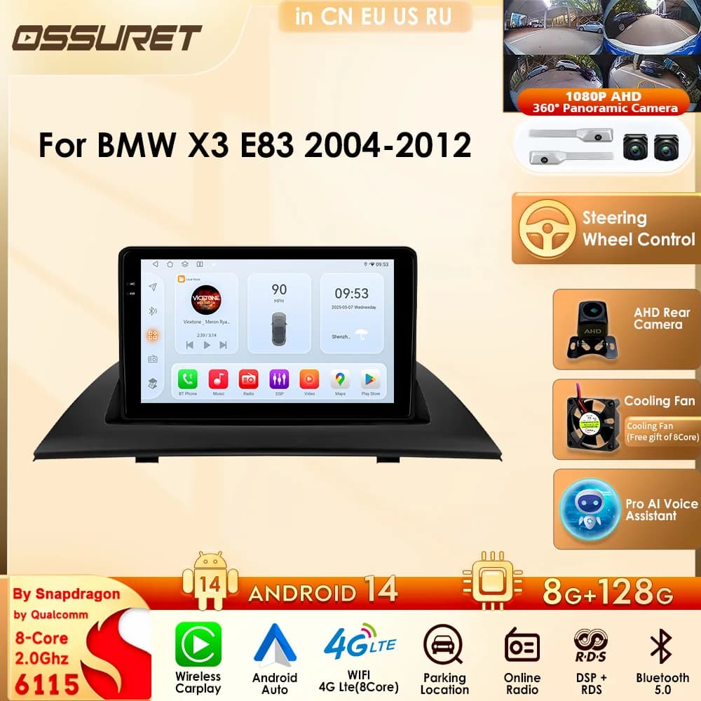 Ossuret 9" Android Auto Snapdragon 8 core For BMW X3 E83 2004-2012 Car Intelligent Systems Carplay Car Stereo Navi FM 360camera