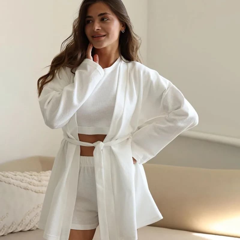 Pigiama in maglia waffle da donna estivo in 3 pezzi cardigan maniche corte pantaloncini elegante abbigliamento per la casa transfrontaliero Europa America L