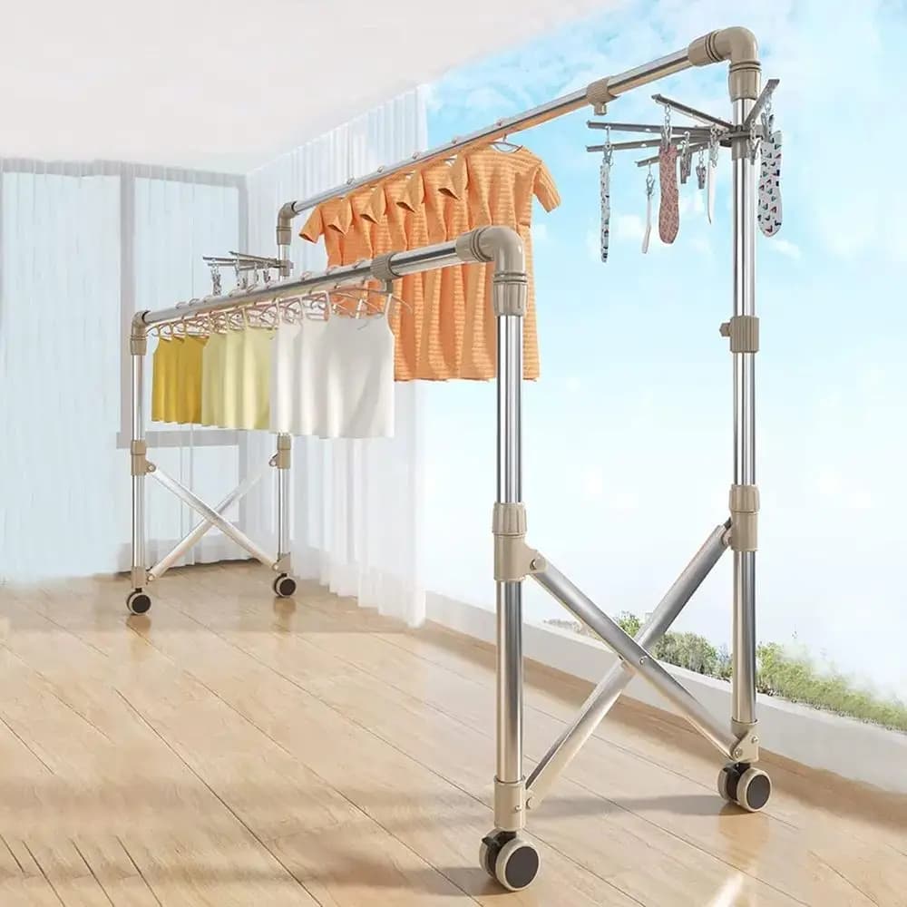 Stendibiancheria Portatile in Acciaio Inox con 4 Ruote, Ampio Spazio, Porta Calzini, Regolabile 88-160cm