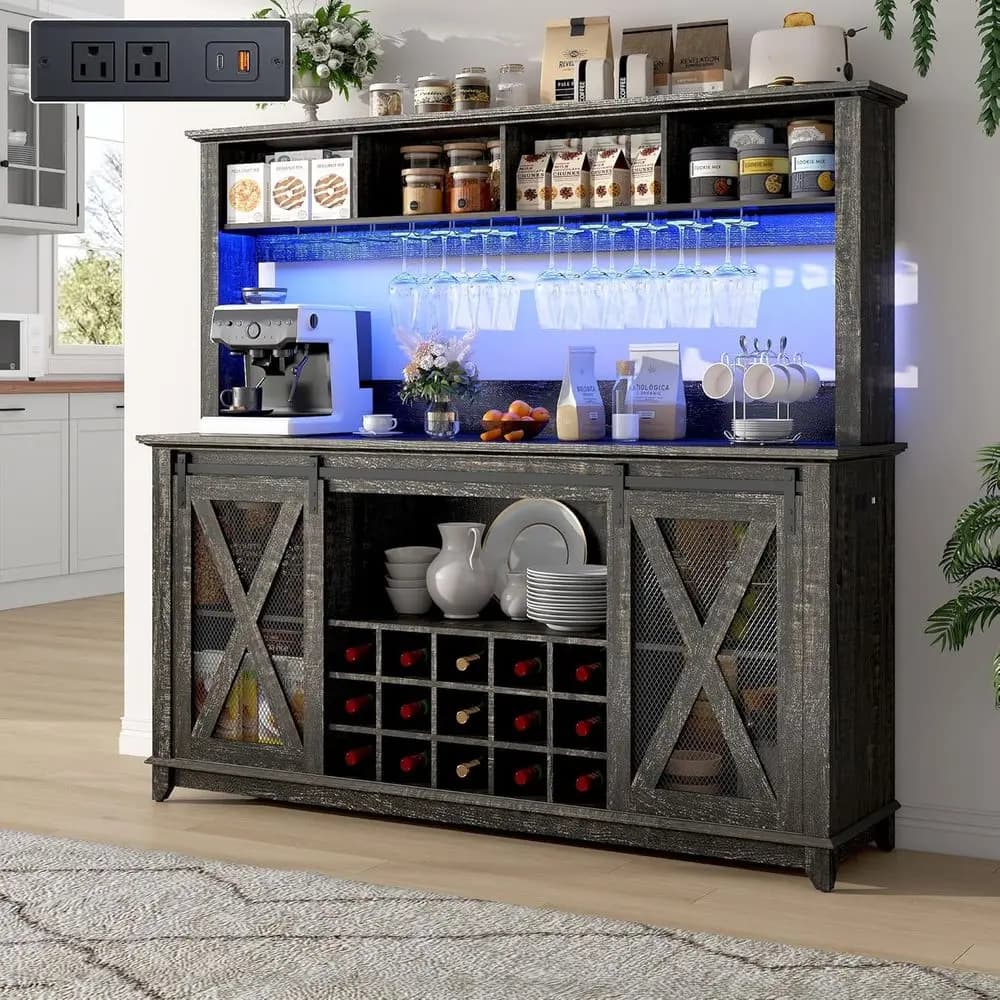 Wide 63 x 58 Coffee Bar Cabinet with Power Outlet, LED Light, 4 Storage Hutch, 15 Wine & Glass Racks for Kitchen Dining Area (K