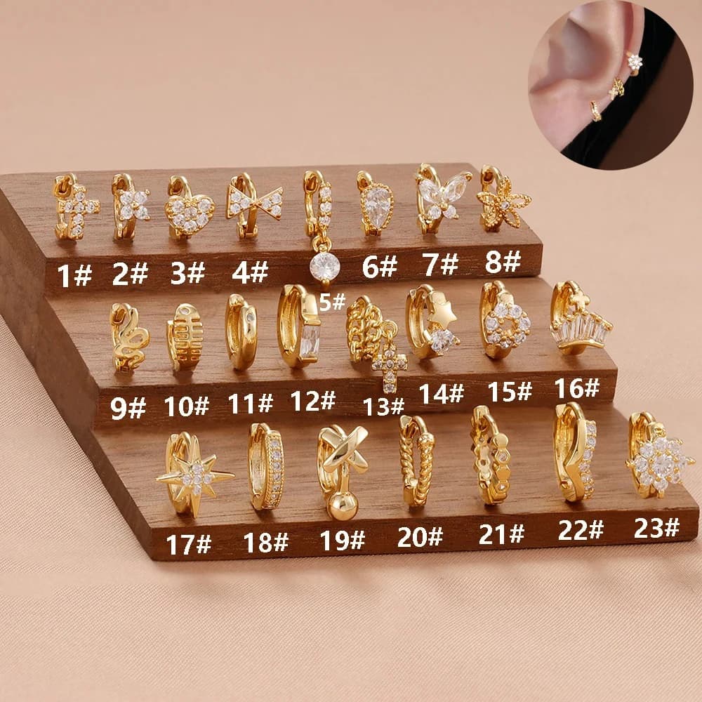 1PC Stainless Steel Zircon Star Cross Piercing Earring for Women Teen 18K Gold Plated Tiny Bow Round Circle Hoop Earring Jewelry