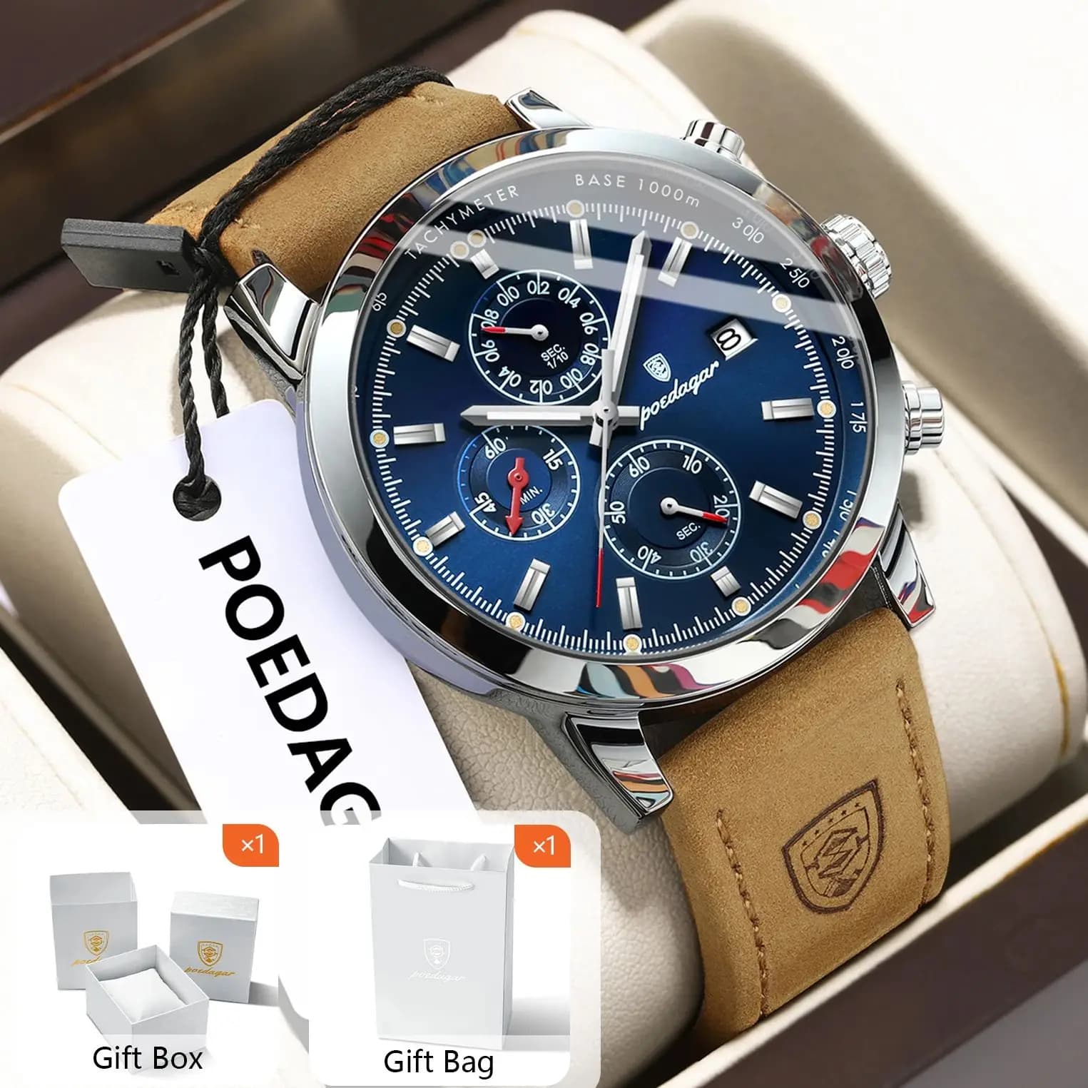 POEDAGAR Functional Men Wristwatch Date Waterproof Luminous Chronograph Men's Watches Leather Quartz Military Man Watch+Box Gift