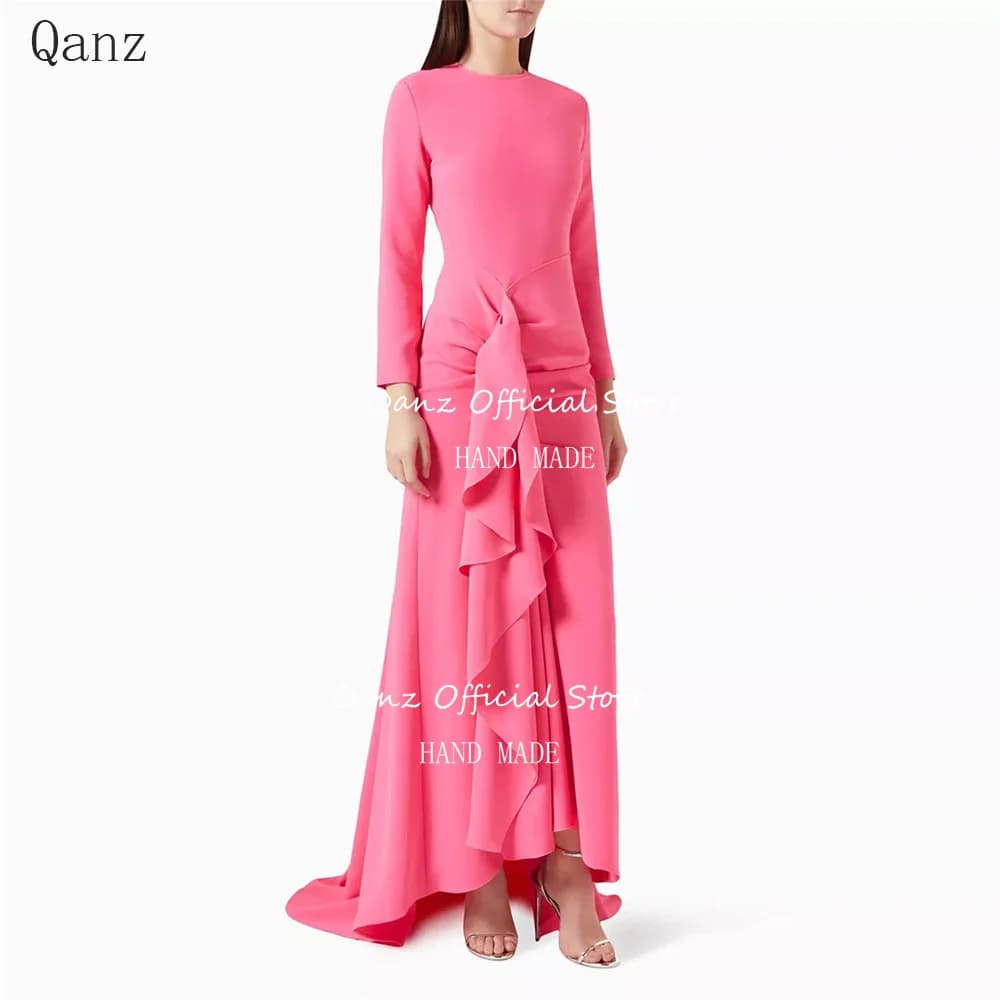 Qanz eleganti abiti da sera a sirena Dubai Abendkleid maniche lunghe pieghe increspate o collo abiti da cerimonia rosa personalizzati