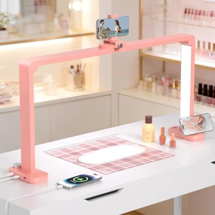 Lampada a Mezzaluna per Scrivania con Supporto per Telefono, Grande Lampada Quadrata per Unghie, Lampada da Tavolo Professionale per Manicure, Luce LED