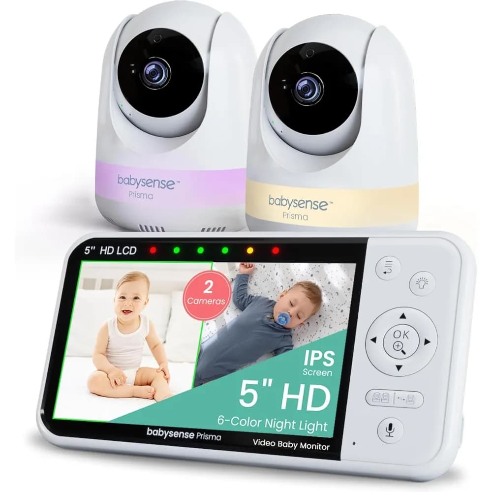 Baby monitor Prisma con fotocamera e audio, baby monitor video HD da 5" con 2 telecamere, luce notturna a 6 colori, schermo diviso, audio Ma