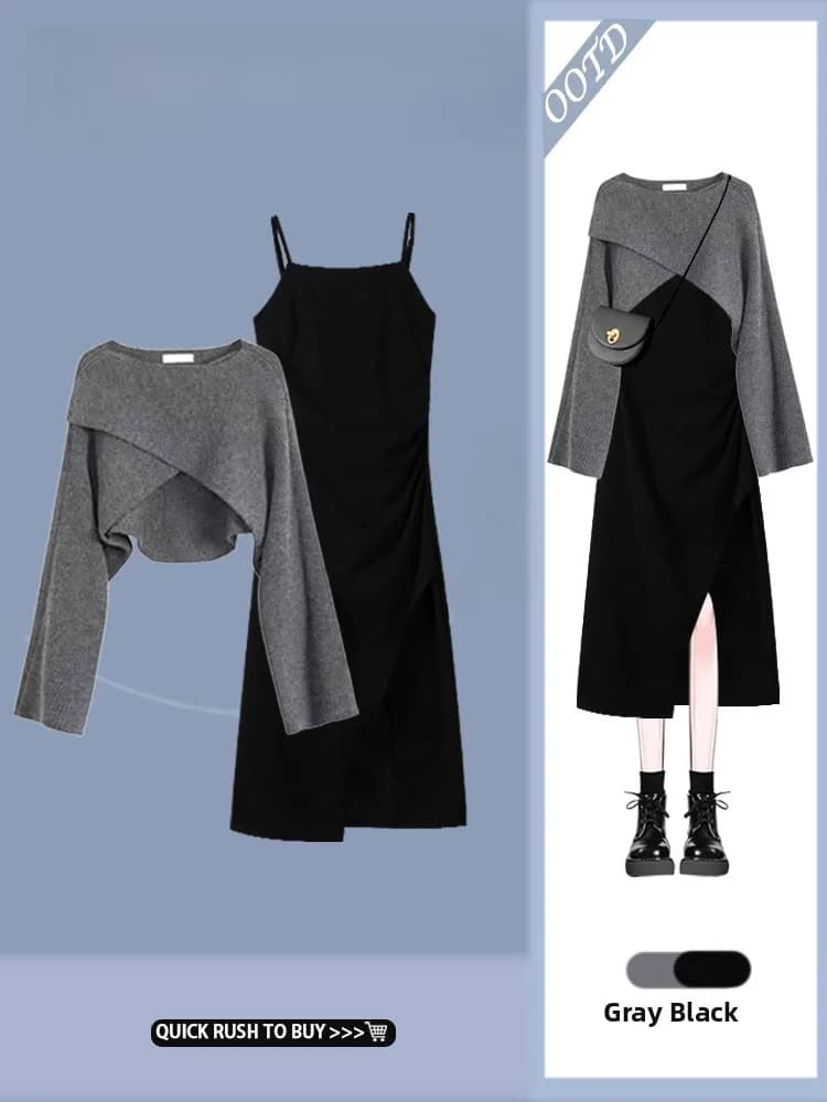 Autumn 2026 Women's High-End Feelings Uneven Sweater Dress plus Size Concealing Meat Two-Piece Set Fashionable Casual Wear