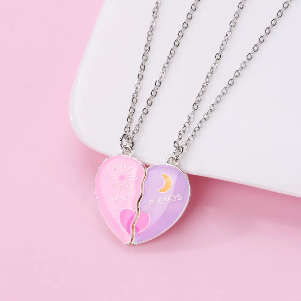 Winoneday 2Pcs/set Cartoon Sun Moon Heart-shaped Stitching Best Friend Necklace for Girls Fashion Friendship Gifts