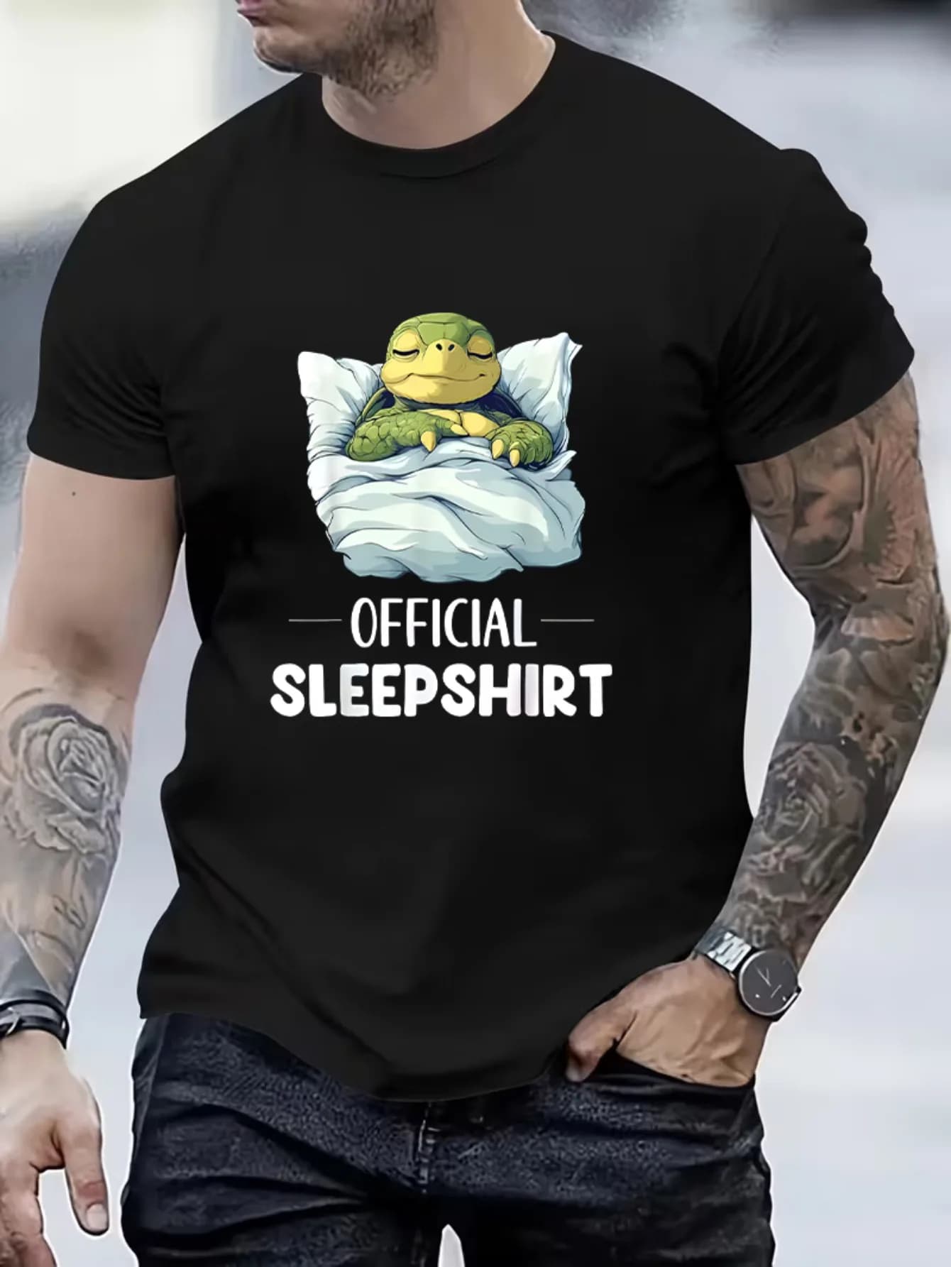 Men's official pyjamas: funny T-shirt with turtle pattern, soft and breathable crew neck shirt