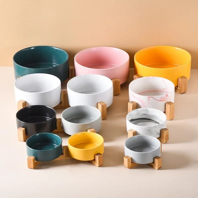 Orthopedic Raised Feeder for Pet Neck Protection Elevated Double Dog Cat Bowls with Wooden Stand Food Water