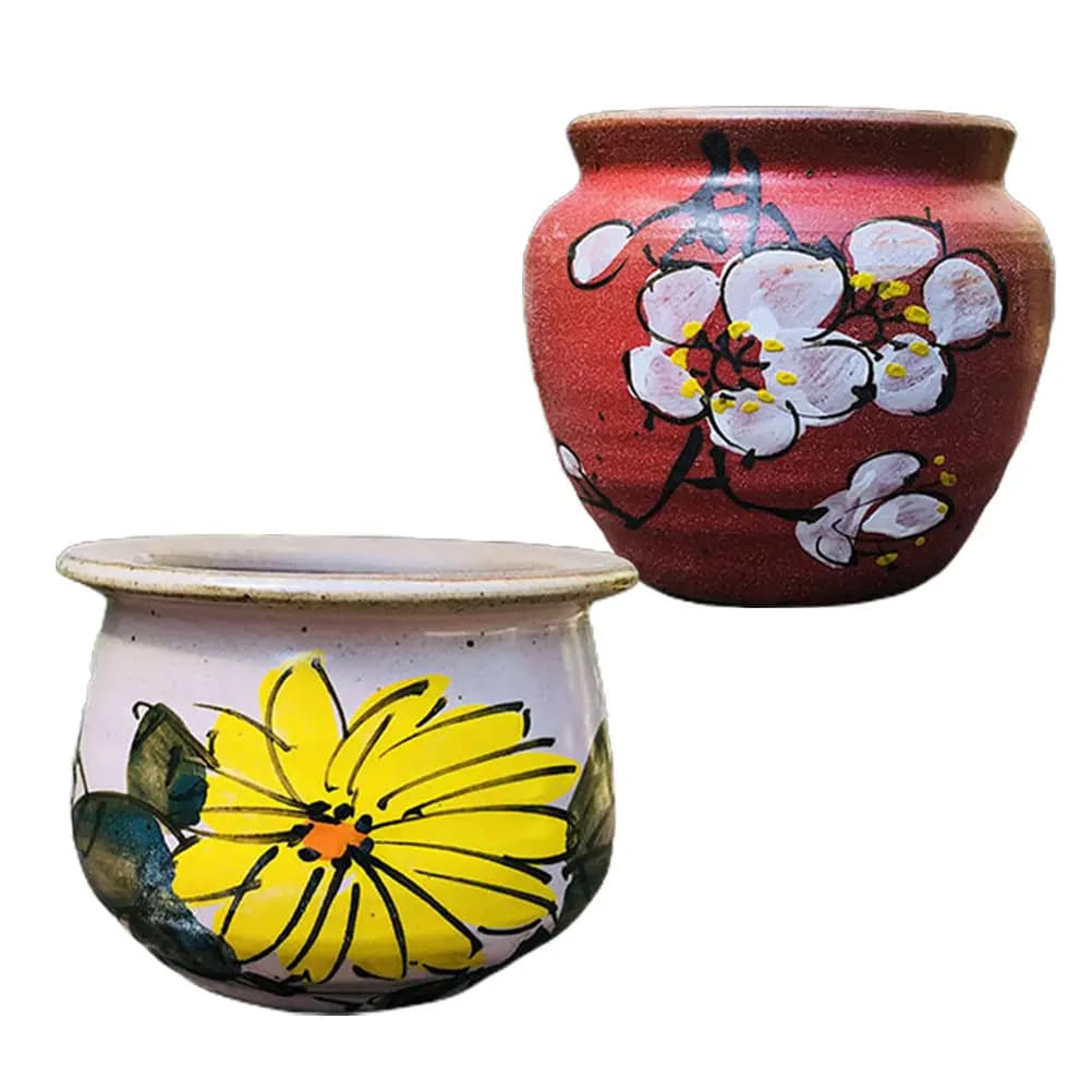 2 Pieces Vases for Indoor Plants, Hand Painted Flowers, Ceramic Jars for Garden, Decorative Ceramic Walls for Succulent Plants