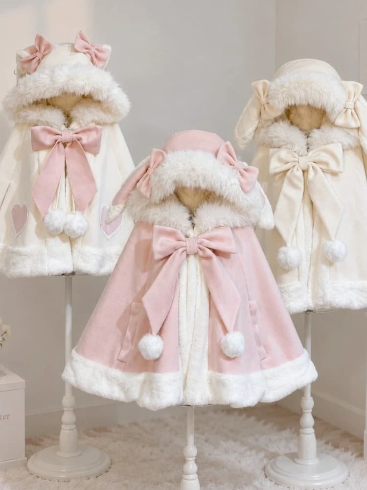 2025 Natale Inverno Mantello Cappotto Donna Design Arco Lolita Patchwork con cappuccio Kawaii Cope Cappotto Donna Mantello caldo Dolce Giubbotti