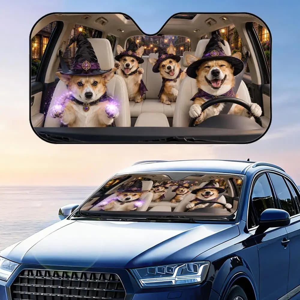 Divertente Corgi con cappello da strega, visiera parasole per parabrezza auto, protezione UV, copertura riflettente pieghevole per isolamento termico
