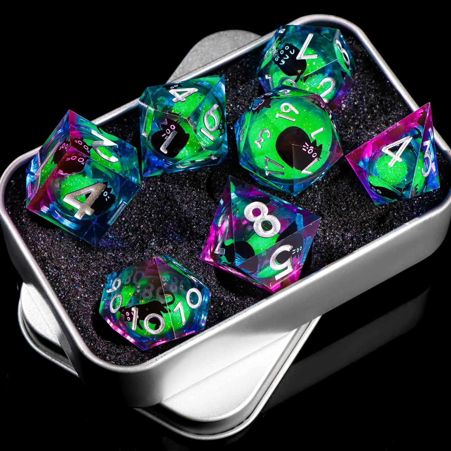 Cat Sharp Edge Dice Full Set Liquid Core Dice for Dungeons and Dragon D and D Polyhedral Dice Set Cute Cat Unique Gift