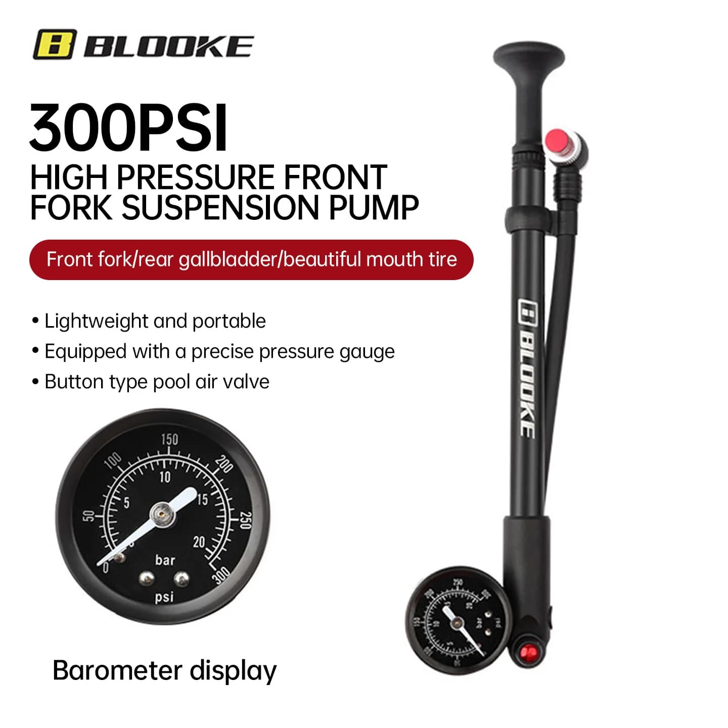 BLOOKE MTB High-Pressure Shock Pump Portable Air Pump for Mountain Bike Front Fork And Rear Suspension
