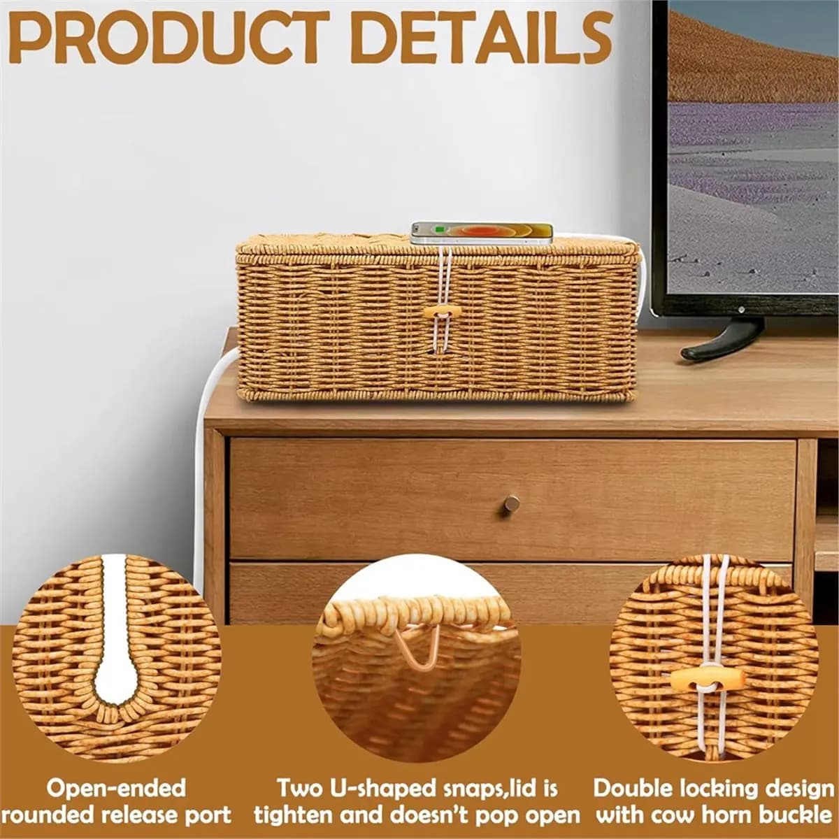 Scatola per la gestione dei cavi Digital Essentials, contenitore per cavi intrecciato a mano con coperchio per scrivania, pavimento, soggiorno