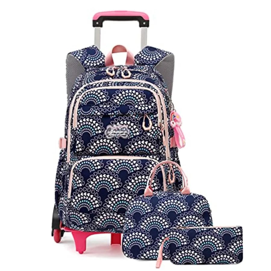 Set di 3 Zaini Trolley per Ragazze, Borsa Scolastica per Studenti delle Elementari, Borsa da Viaggio con Ruote e Porta Pranzo