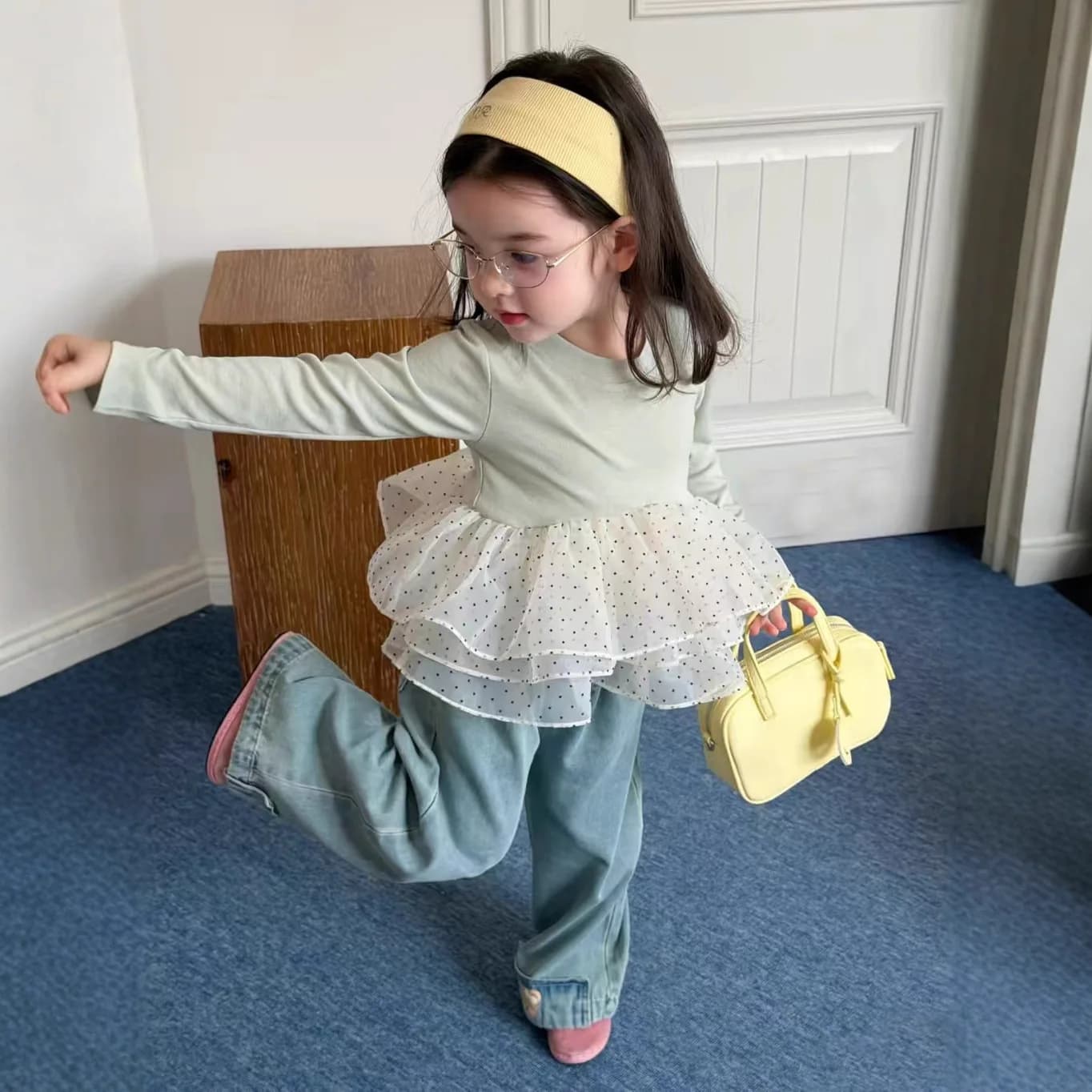 Abito a due pezzi Camicia base con giunture in rete a pois Top Pantaloni da cowboy Grils Bambini Coreano Casual Dolce Carino Alla moda