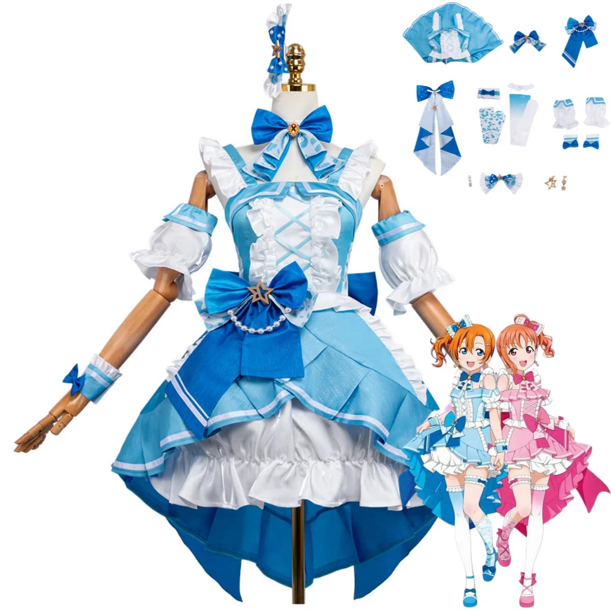 Costume Cosplay Love Live Muse Nico Yazawa Sonoda Umi Honoka Kousaka, Gonna Blu Lolita con Accessori, Set per Festa di Compleanno Donna