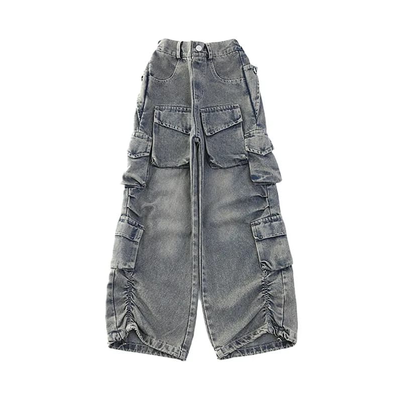 Jeans cargo per ragazze 2024 primavera allentata casual elastico in vita bambini adolescenti pantaloni a gamba larga design streetwear pantaloni per bambini